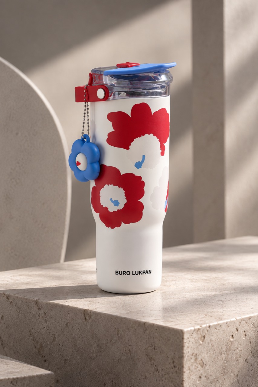 White travel cup with red flowers and a blue lid: BURO LUKPAN product photograph